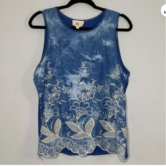 SW New York Women's Blue Top Large Embroidered Floral Scallop Hem Sleeveless - Picture 1 of 6